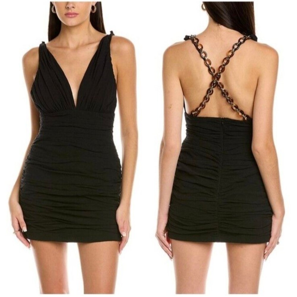 Finders Keepers Chains SS Dress Ruched V-Neck Mini Dress Black Sz 4 NEW